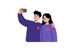 Couple taking selfie with matching purple sweaters and red h Product Image 1