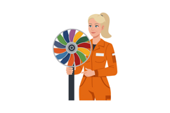 Female Engineer Holding Colorful Wind Turbine Model in Orang Product Image 1