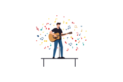 Male guitar player performing on stage with colorful musical Product Image 1