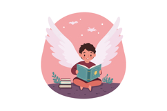 Child Angel Reading Book with Wings Sitting on Ground Vector Product Image 1