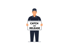 Fisherman holding catch and release sign promoting ethical f Product Image 1