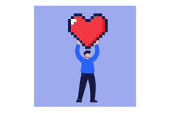 Man holding large pixelated red heart symbol of love and car Product Image 1