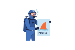 Diver holding protect sign with shark fin underwater conserv Product Image 1
