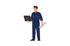 Male Mechanic Holding Laptop and Wrench in Blue Uniform Illu Product Image 1