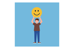 Young man holding smiley face emoticon above head against bl Product Image 1