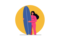 Woman holding blue surfboard in pink wetsuit with yellow bac Product Image 1