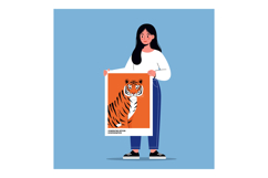 Woman holding tiger illustration poster with blue background Product Image 1