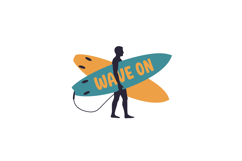 Surfer Carrying Two Surfboards with Wave On Text in Blue and Product Image 1
