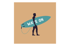 Surfer silhouette carrying teal surfboard with wave on text Product Image 1