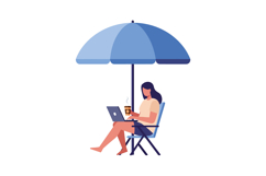 Woman working on laptop under blue umbrella holding coffee c Product Image 1