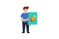 Boy holding green notebook with rocket illustration in flat Product Image 1