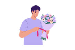 Young man holding pastel flower bouquet with pink ribbon in Product Image 1