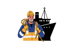 Male dockworker in safety gear holding rope with ship silhou Product Image 1