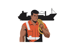 Male Dockworker Holding Rope with Cargo Ship Silhouette in B Product Image 1