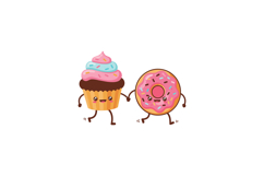 Cute cupcake and pink frosted donut holding hands cartoon ve Product Image 1