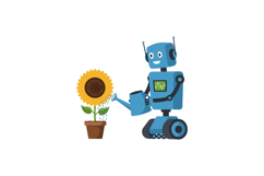 Friendly blue robot watering sunflower plant in pot vector i Product Image 1