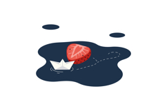 Strawberry floating on dark blue water with white paper boat Product Image 1
