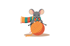 Cute mouse knitting with orange yarn ball wearing colorful s Product Image 1