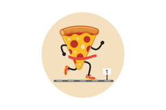 Running pizza slice crossing finish line in race with red sh Product Image 1