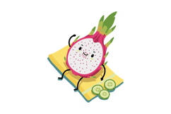 Cute cartoon dragon fruit character relaxing on towel with c Product Image 1
