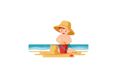 Child building sandcastle on beach with sun hat and bucket b Product Image 1