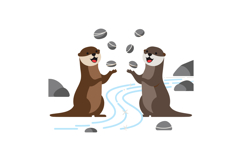 Two playful otters juggling stones near river with rocks nat Product Image 1