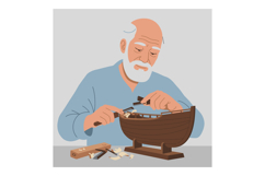 Elderly Man Building Wooden Ship Model Crafting Hobby Illust Product Image 1