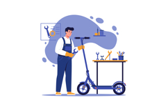 Man repairing electric scooter in workshop with tools and eq Product Image 1