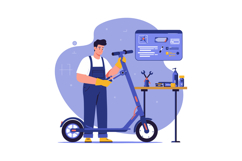 Man repairing electric scooter with tools on workbench in wo Product Image 1
