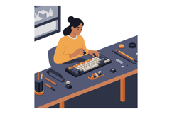 Woman assembling mechanical keyboard parts with tools on des Product Image 1