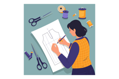 Woman drawing sewing pattern with scissors and threads in fl Product Image 1