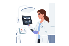 Female dentist examining dental X-ray in modern clinic with Product Image 1