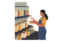Woman organizing dry food jars on shelf in grocery store vec Product Image 1