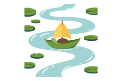 Duck-shaped green boat with yellow sail sailing on winding r Product Image 1