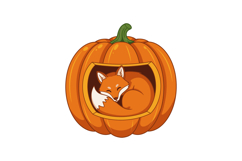 Sleeping fox curled inside carved orange pumpkin vector illu Product Image 1