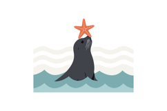 Sea lion balancing orange starfish on nose in stylized ocean Product Image 1