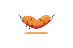 Two smiling bread loaves relaxing in red hammock cute bakery Product Image 1