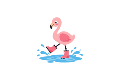 Pink flamingo splashing water wearing red rain boots playful Product Image 1