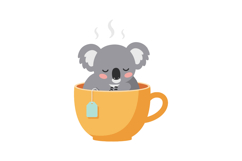 Koala sitting inside steaming orange cup with tea bag vector Product Image 1