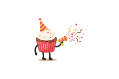 Cupcake character with party hat and confetti blower celebra Product Image 1