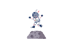 Cute astronaut bunny jumping on gray moon crater in space ve Product Image 1