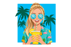 Blonde woman wearing flamingo shirt drinking yellow juice wi Product Image 1