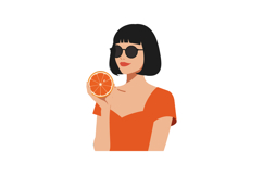 Woman with black hair and sunglasses holding orange fruit in Product Image 1