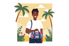 Man holding travel bag with stickers outdoors among palm tre Product Image 1