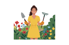 Woman Gardening with Rake and Shovel in Colorful Flower Gard Product Image 1
