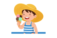 Happy boy in striped swimsuit and large sun hat eating color Product Image 1