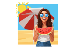 Woman Wearing Sunglasses Eating Watermelon on Sunny Beach wi Product Image 1