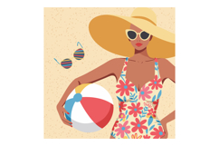 Woman in floral swimsuit holding beach ball with large hat a Product Image 1