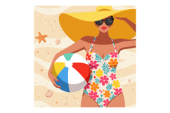 Woman in floral swimsuit holding beach ball with large sunha Product Image 1