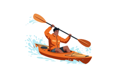 Man kayaking in orange kayak with paddle splashing water act Product Image 1